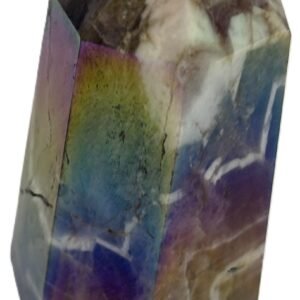 Standing rainbow amethyst aura polished crystal point 11 sians emporium Polished rainbow amethyst aura quartz generator point showing iridescent green violet and gold metallic sheen over natural chevron banding